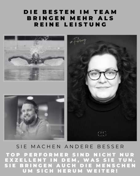 Top Performer Porträt von zwei Personen mit inspirierenden Zitaten über Teamarbeit und persönliche Entwicklung.