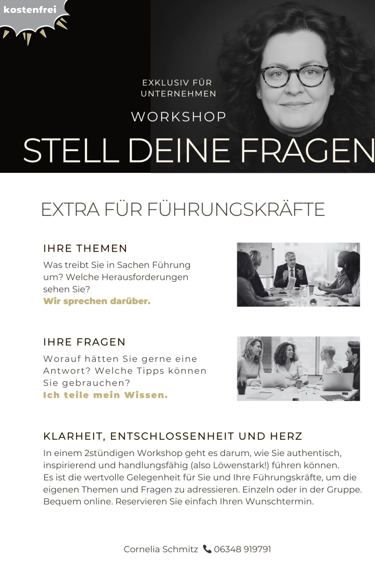 Workshop für Führungskräfte zum Kennenlernen Kennenlern-Angebot für Unternehmen »Stell Deine Fragen« der kostenfrei Workshop.