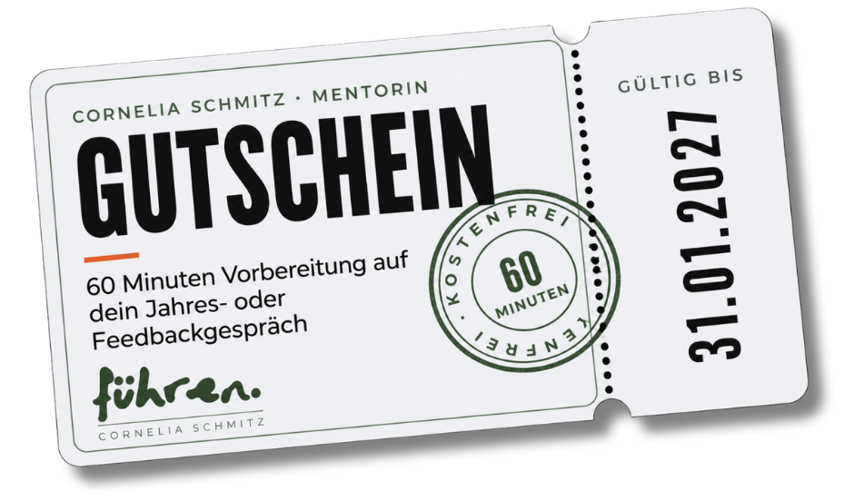 insgesamt 25 Einzelgutscheine für Führungskräfte, die ein schwieriges Gespräch vorbereiten wollen. 1 Coaching für 0,- Euro. Gutschein für Führungskräfte: kostenfrei ein Jahres- oder Feedbackgespräch vorbereiten
